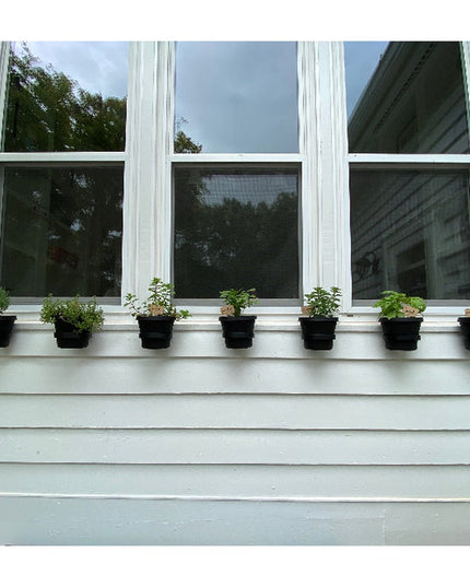 Black Smoral Handmade Pot Holders by Industrial Farm Co displaying small plants on white window sill of traditional home