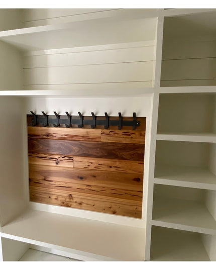 Christopher Double Hook Coat Rack by Industrial Farm Co featuring reclaimed wood backing with 8 black metal hooks mounted ...