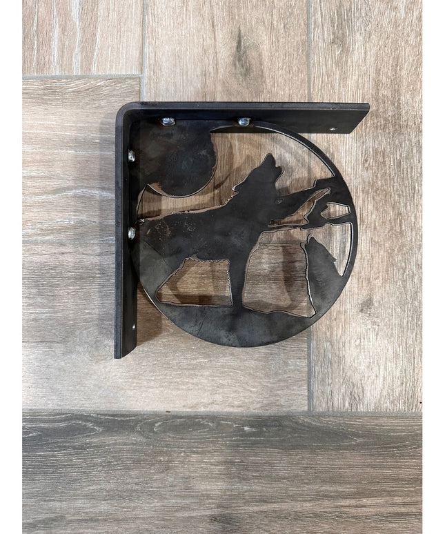 Black metal wolf silhouette shelf bracket by Industrial Farm Co, handcrafted decorative support with circular cutout desig...