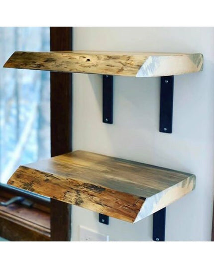 Rustic reclaimed wood floating shelves with black metal L-bracket supports by Industrial Farm Co, showing natural wood gra...