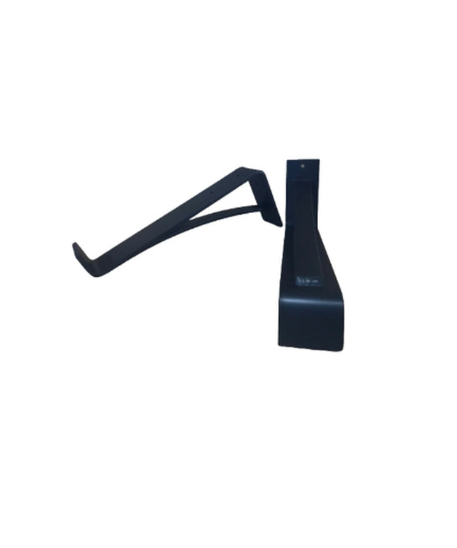 Black metal Saratoga Shelf Support Bracket by Industrial Farm Co showing L-shaped design with decorative triangular brace