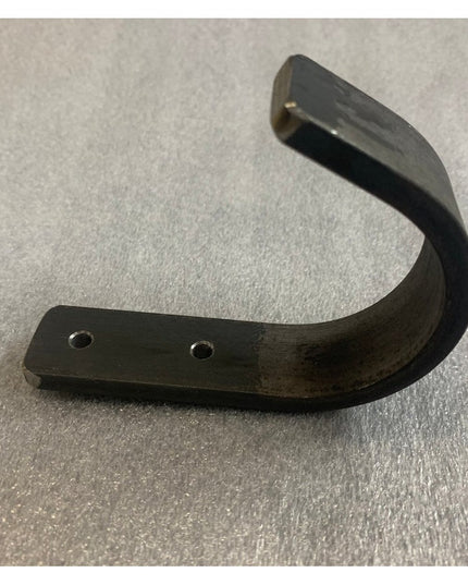 Black metal curved wall hook with two mounting holes from Industrial Farm Co's Kinnley 1 inch wide collection on textured ...