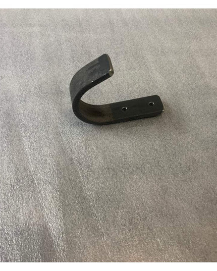 Black metal Kinnley 1 inch wide wall hook by Industrial Farm Co showing curved design with mounting holes on silver surface