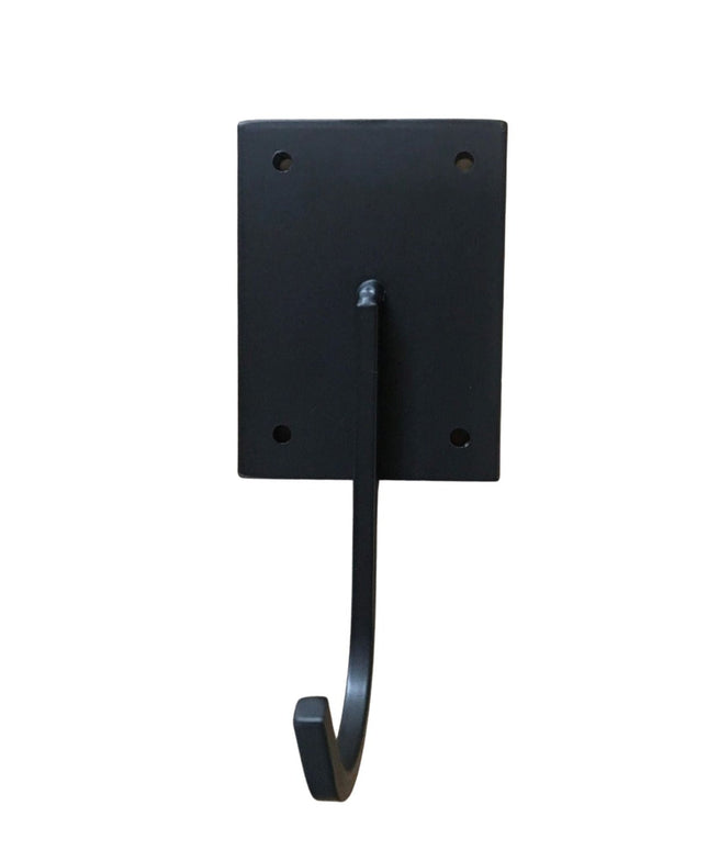 Black metal Marcellus Industrial Hook by Industrial Farm Co with rectangular mounting plate and curved hook arm against wh...