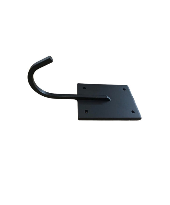 Black metal industrial wall hook with curved arm and rectangular mounting plate with four screw holes - The Marcellus by I...