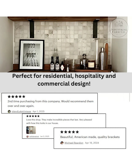 Industrial styled black metal shelf brackets supporting wooden shelf with bar accessories, marble tile backsplash, and cus...