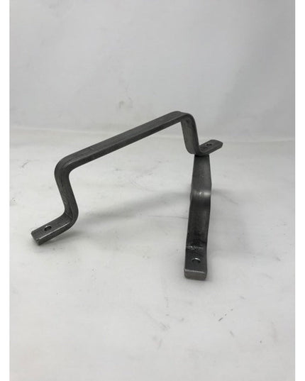 Black metal Onondaga Handle door pull with curved design and mounting holes by Industrial Farm Co on white background