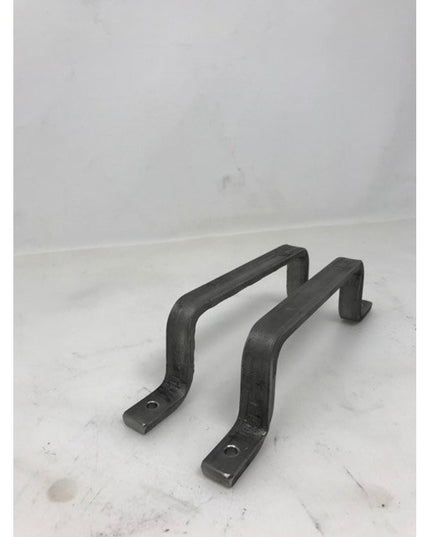 Black wrought iron Onondaga Handle door pulls by Industrial Farm Co showing curved industrial style brackets with mounting...