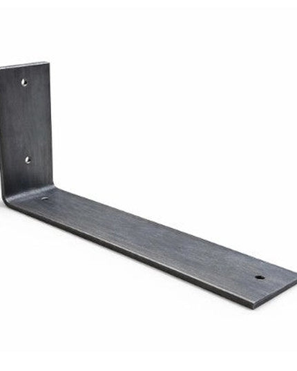 Black steel L-shaped shelf bracket by Industrial Farm Co with mounting holes, heavy duty 3 inch wide support for industria...