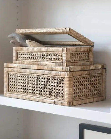 Rattan Display Box with Glass Lid - Set of Two  Default Title   | Industrial Farm Co