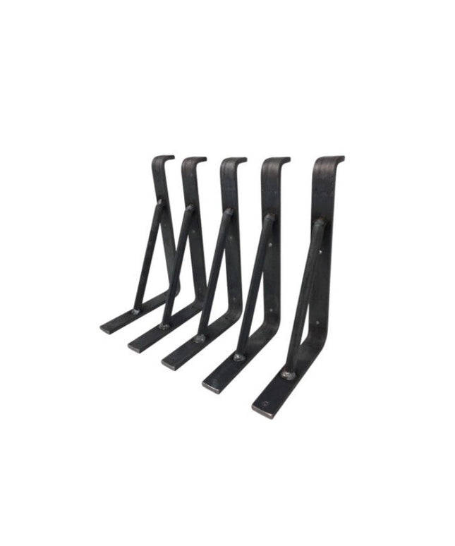 Set of five black metal Norwich Support Brackets by Industrial Farm Co arranged in a row, showing L-shaped shelf brackets ...