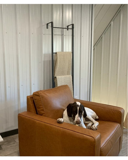 Black metal Hal Standing Mounted Blanket Ladder by Industrial Farm Co with beige blankets, wall-mounted in modern farmhous...