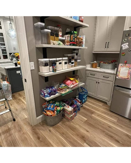 Modern kitchen pantry with organized shelving displaying food storage containers, featuring heavy duty steel shelf bracket...
