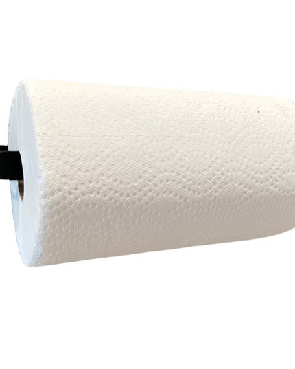 sleek modern paper towel holder that mounts to the wall. Made from steel finished in a black powder coat