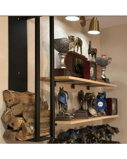 The Toby black metal firewood holder with stacked logs displayed next to wooden shelves with equestrian trophies and award...