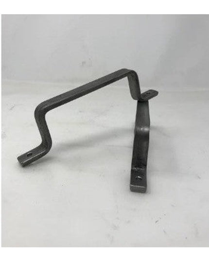 Black wrought iron Onondaga Handle door pull with curved design and mounting brackets by Industrial Farm Co displayed on w...