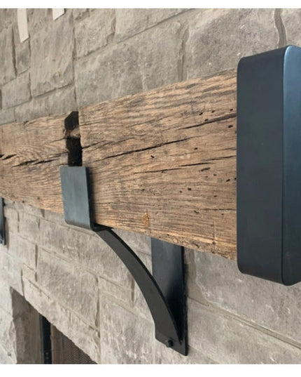 Vandiver Evergreen Tree Mantel End Caps by Industrial Farm Co in dark green metal mounted on rustic wood beam fireplace ma...