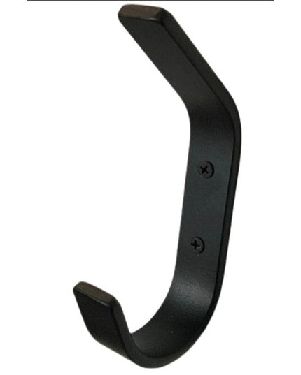 Black metal Henrietta 1 inch wide double hook by Industrial Farm Co with two mounting screw holes for wall installation