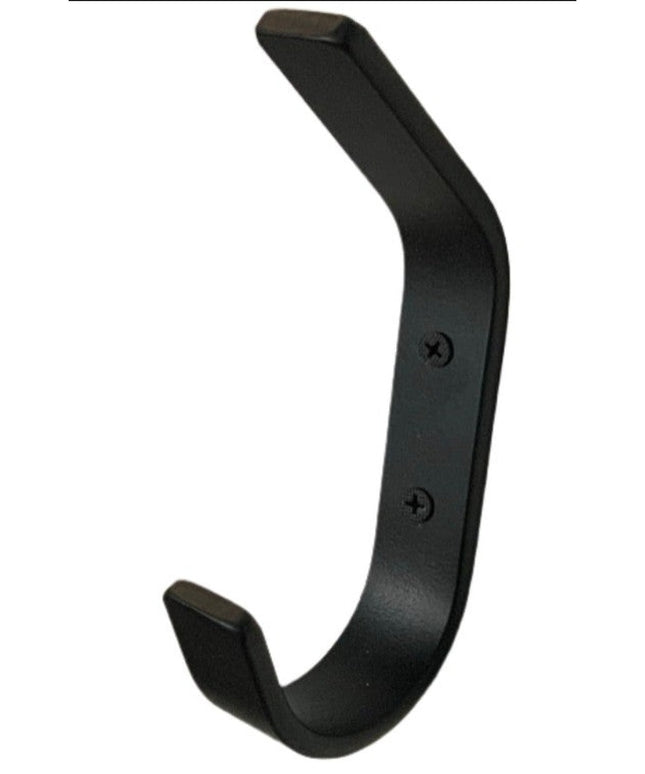 Black metal Henrietta 1 inch wide double hook by Industrial Farm Co with two mounting screw holes for wall installation