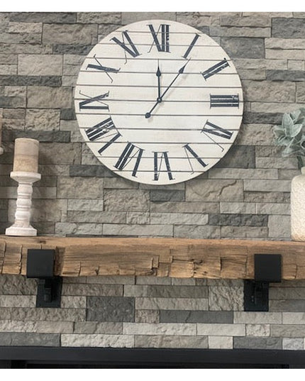 Industrial Farm Co Buffalo 4 inch heavy duty steel mantel brackets with metal straps supporting reclaimed wood beam shelf ...