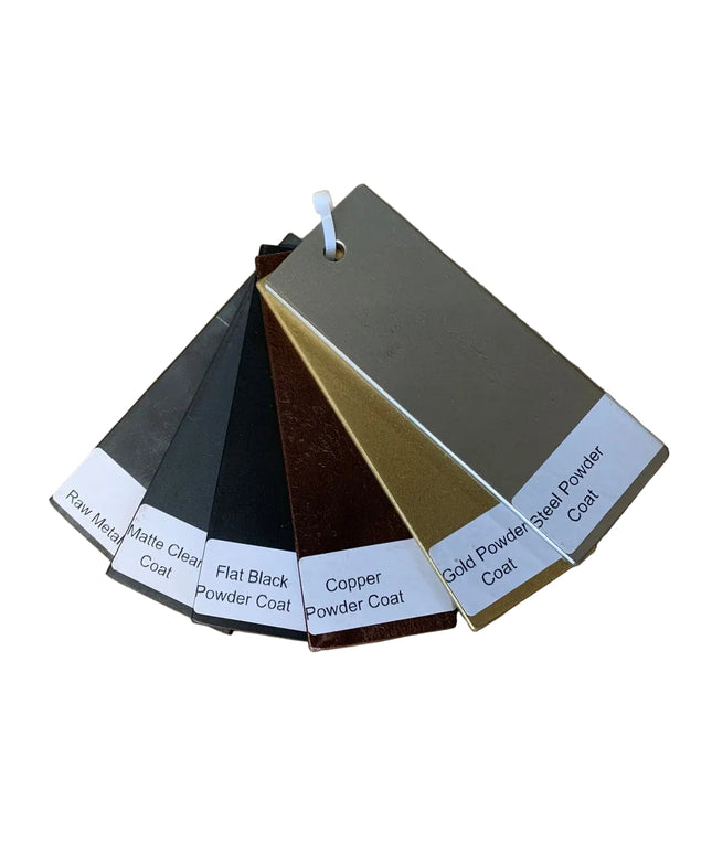 Skaneateles Falls steel finish sample kit by Industrial Farm Co showing 6 handcrafted powder coat swatches in fan arrangem...