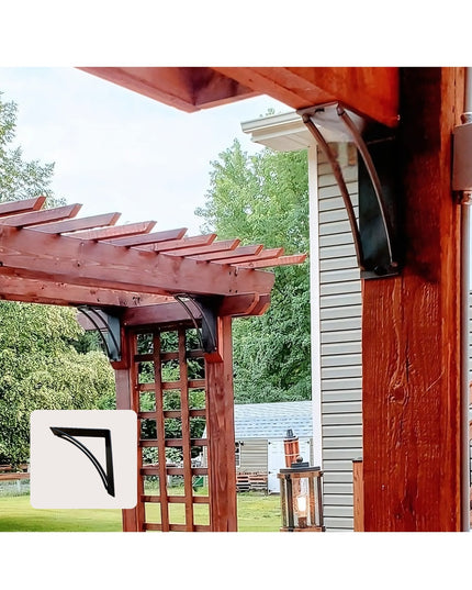 Black metal Sawmiller shelf bracket mounted on red stained wood pergola beam, showing decorative curved support design by ...