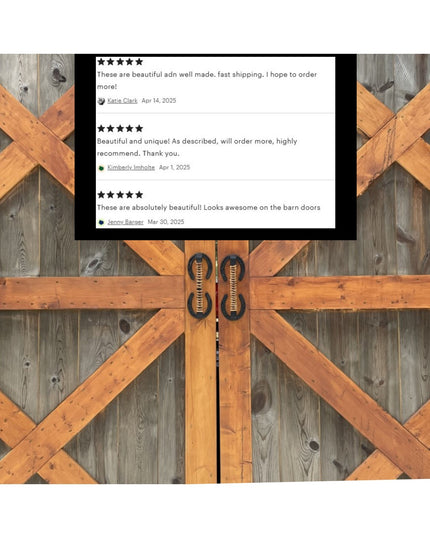 Bermuda Horseshoe door handles with black leather wrap mounted on rustic wooden barn doors with customer 5-star reviews ov...