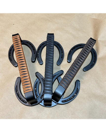Bermuda Horseshoe Door Handles with leather wrapped grips in brown, blue and black finishes by Industrial Farm Co handmade...