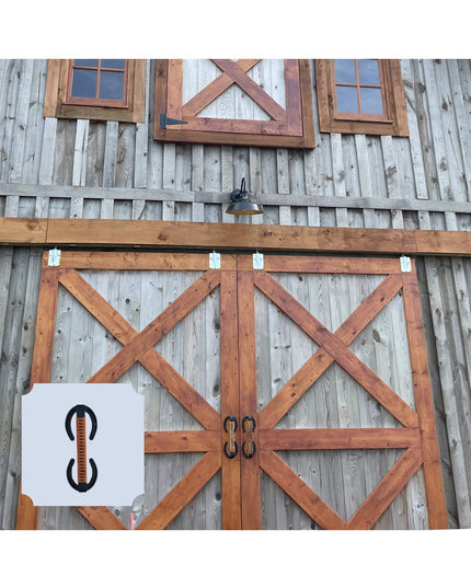 Bermuda horseshoe door handles with leather wrap mounted on rustic barn doors by Industrial Farm Co, showing handmade craf...