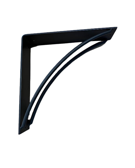 Black metal Sawmiller shelf bracket by Industrial Farm Co with curved arch support design against white background