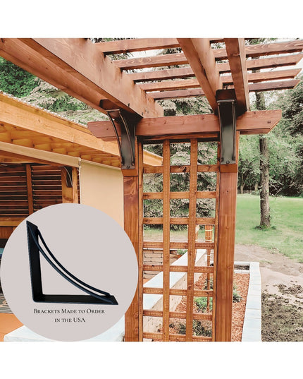 Black metal Sawmiller Shelf Bracket by Industrial Farm Co mounted on wooden pergola beam supporting timber construction ou...