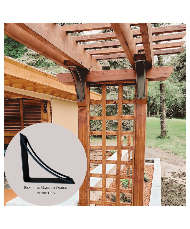 Black metal Sawmiller Shelf Bracket by Industrial Farm Co mounted on wooden pergola beam supporting timber construction ou...