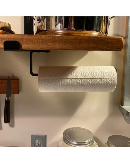 Industrial Farm Co Jordan Paper Towel Holder in natural wood with black metal bracket mounted under kitchen cabinet