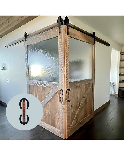 Bermuda Horseshoe door handle with leather wrap on rustic wood barn doors with glass panels, handmade by Industrial Farm Co