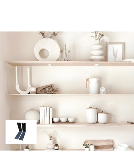Black steel L-shaped shelf brackets from Industrial Farm Co supporting minimalist white floating shelves with neutral home...