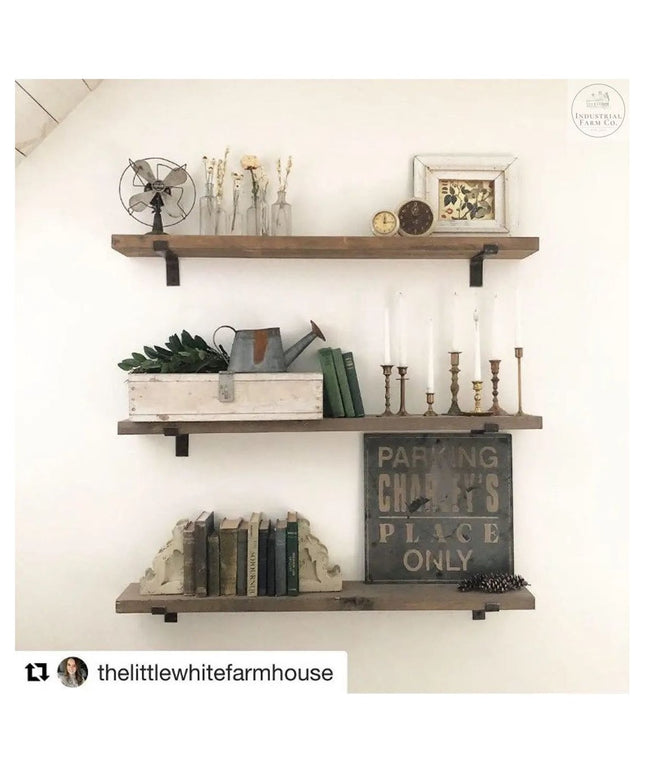 Industrial Farm Co Abbey Z Style black metal shelf brackets supporting three wooden shelves with farmhouse decor including...