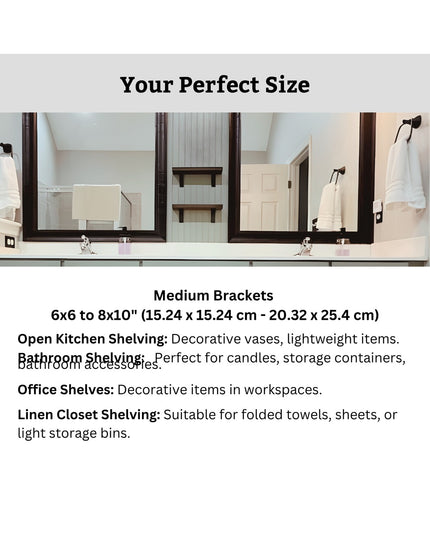 Black steel L-shaped shelf brackets mounted under bathroom vanity shelves displaying size guide for medium brackets 6x6 to...
