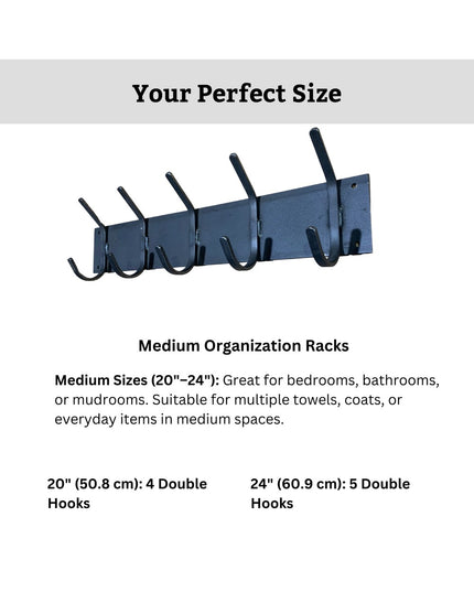 Black metal wall-mounted coat rack with 5 double hooks showing medium 20-24 inch organization rack sizes by Industrial Far...