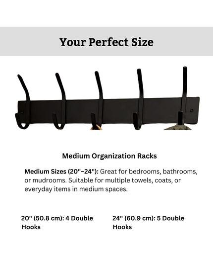 Black wall-mounted Cooperstown Double Hook Coat Rack by Industrial Farm Co with 5 curved hooks holding items, medium size ...
