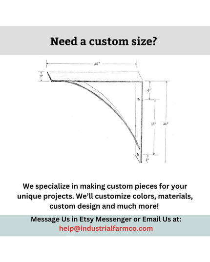 Industrial Farm Co Lafayette L shelf bracket technical drawing showing 30-inch black steel support with curved design and ...