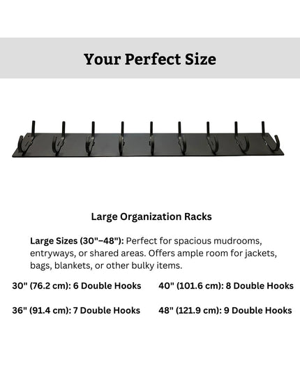 Black metal Industrial Farm Co Bo Style Lodge wall-mounted coat rack with 9 double hooks displayed horizontally, showing l...