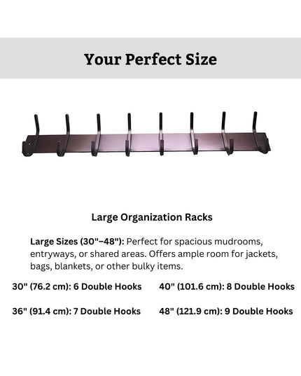 Industrial Farm Co Cooperstown wall-mounted coat rack with 8 black double hooks on purple ombré metal rail showing sizing ...