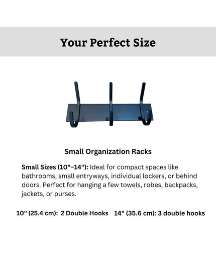 The Cooperstown Double Hook Coat Rack by Industrial Farm Co in navy blue metal with 3 black wall-mounted hooks for small o...
