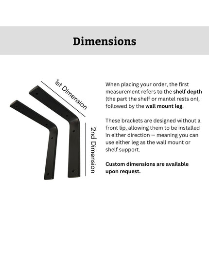 Heavy duty black steel L-shaped shelf brackets by Industrial Farm Co showing dimension measurements and reversible mountin...