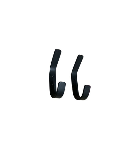 Black metal Henrietta 1 inch wide double wall hooks by Industrial Farm Co, curved design with mounting holes visible