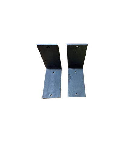 Two black powder-coated steel L-shaped shelf brackets by Industrial Farm Co with mounting holes, heavy duty 3-inch wide de...