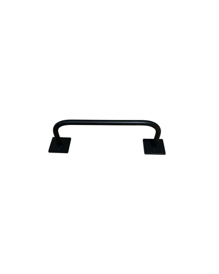 Black metal Split Rock towel rack with curved bar and square mounting plates by Industrial Farm Co