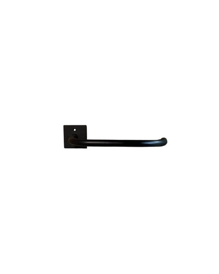 The Mitz black metal toilet paper holder by Industrial Farm Co featuring minimalist square mounting plate and curved arm d...