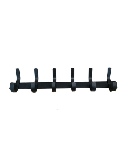 Black metal Christopher Double Hook Coat Rack by Industrial Farm Co with 6 curved hooks mounted on horizontal rail against...