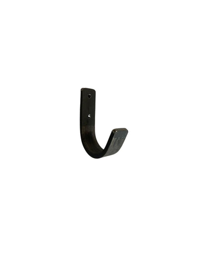 Black metal Kinnley 1 inch wide wall hook by Industrial Farm Co with curved J-shape and two mounting holes